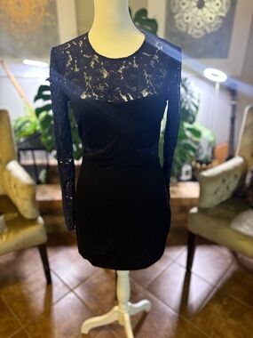MSGM Black Lace-Panel Long Sleeve Dress